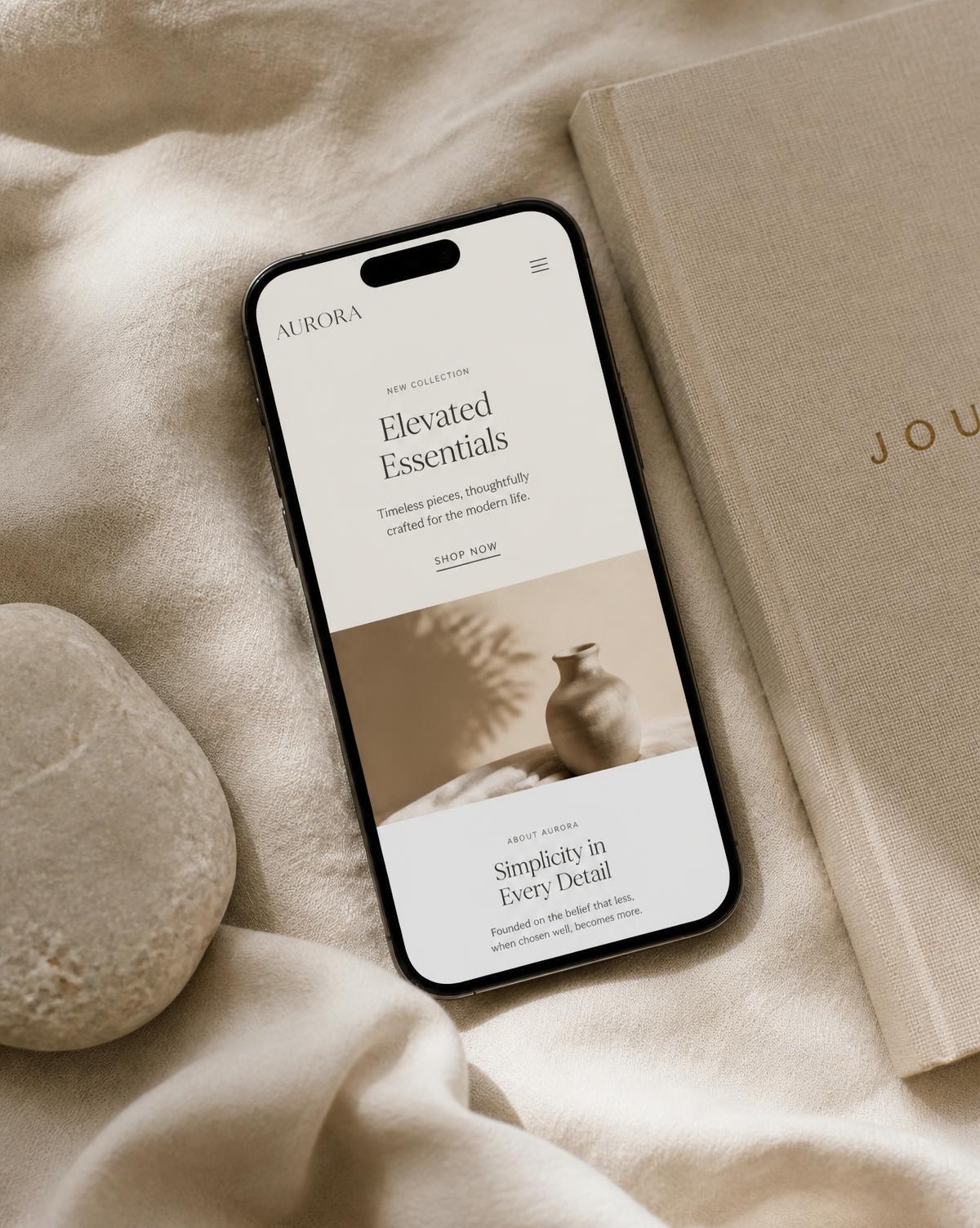 Smartphone on warm cream linen showing an elegant, minimal website design