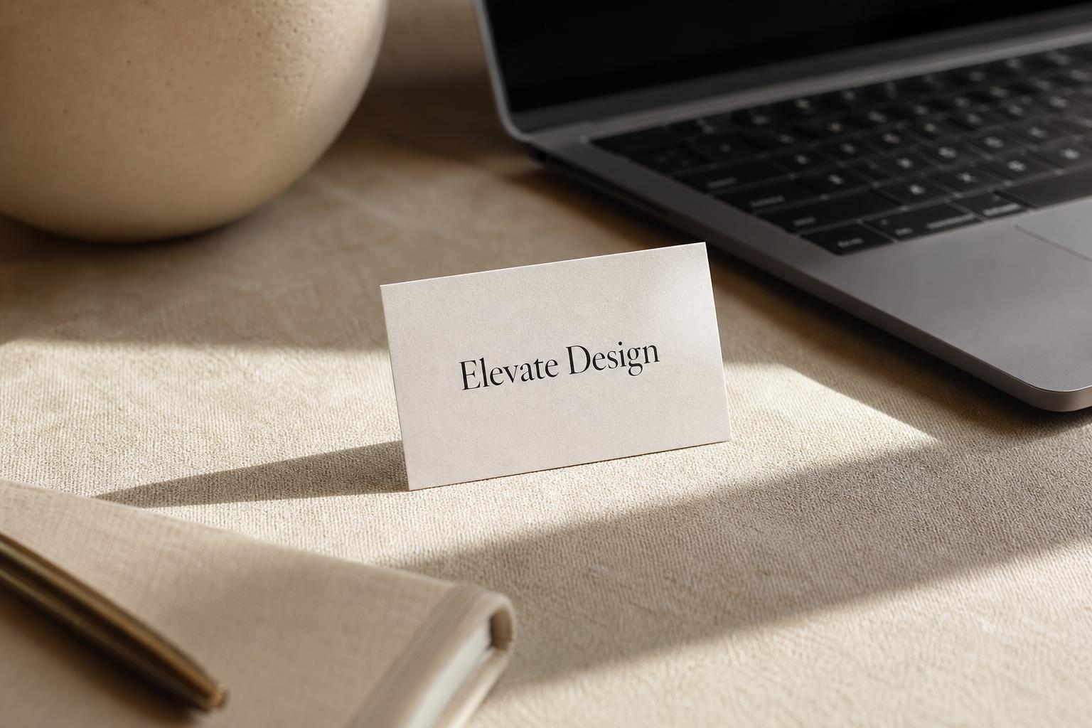 Elevate Design business card with a laptop in a warm, minimal workspace