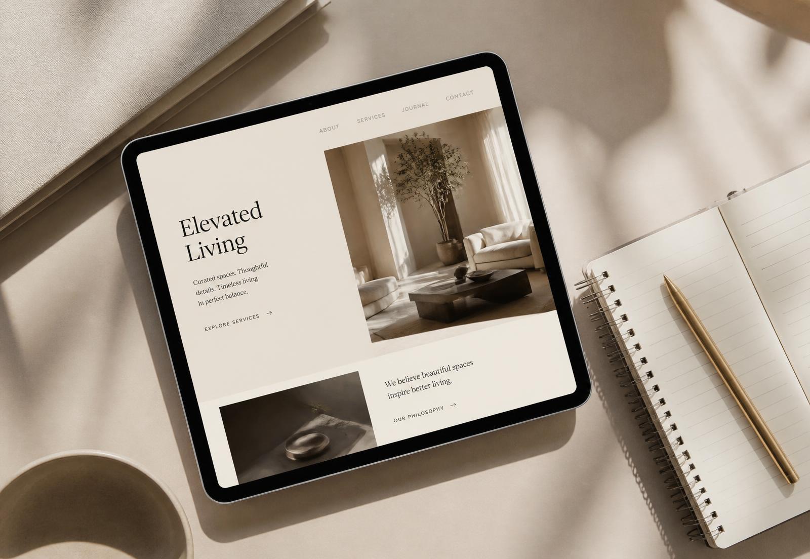 Tablet on a cream desk displaying a clean, modern website layout